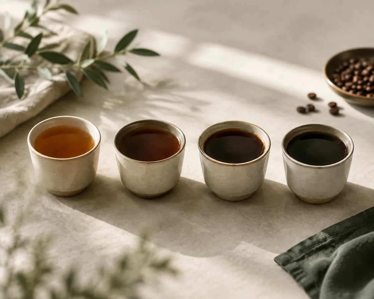 Four small cups of coffee in a row from a bright pale filter to a near-black cold brew