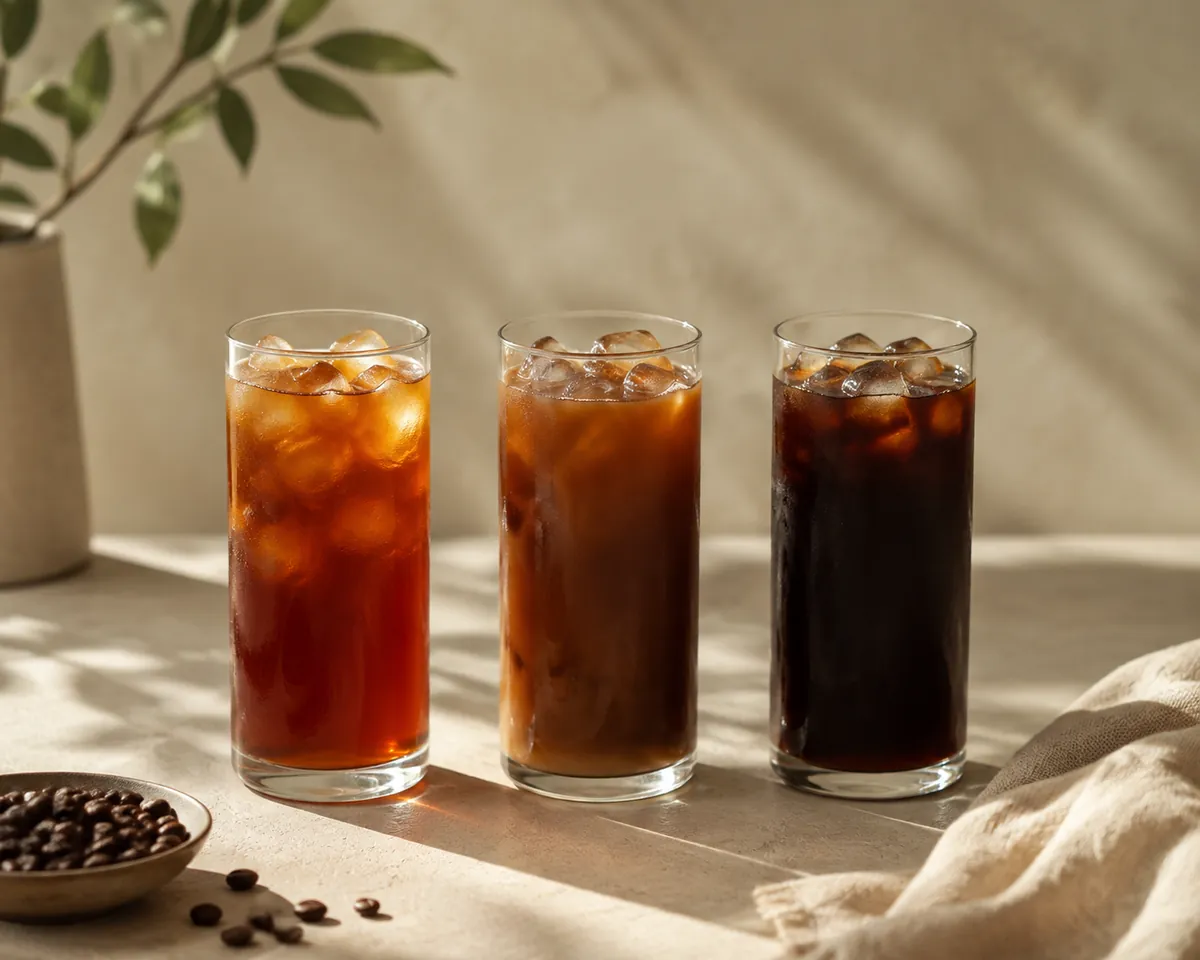 Three glasses of iced coffee side by side, differing in clarity and depth of colour