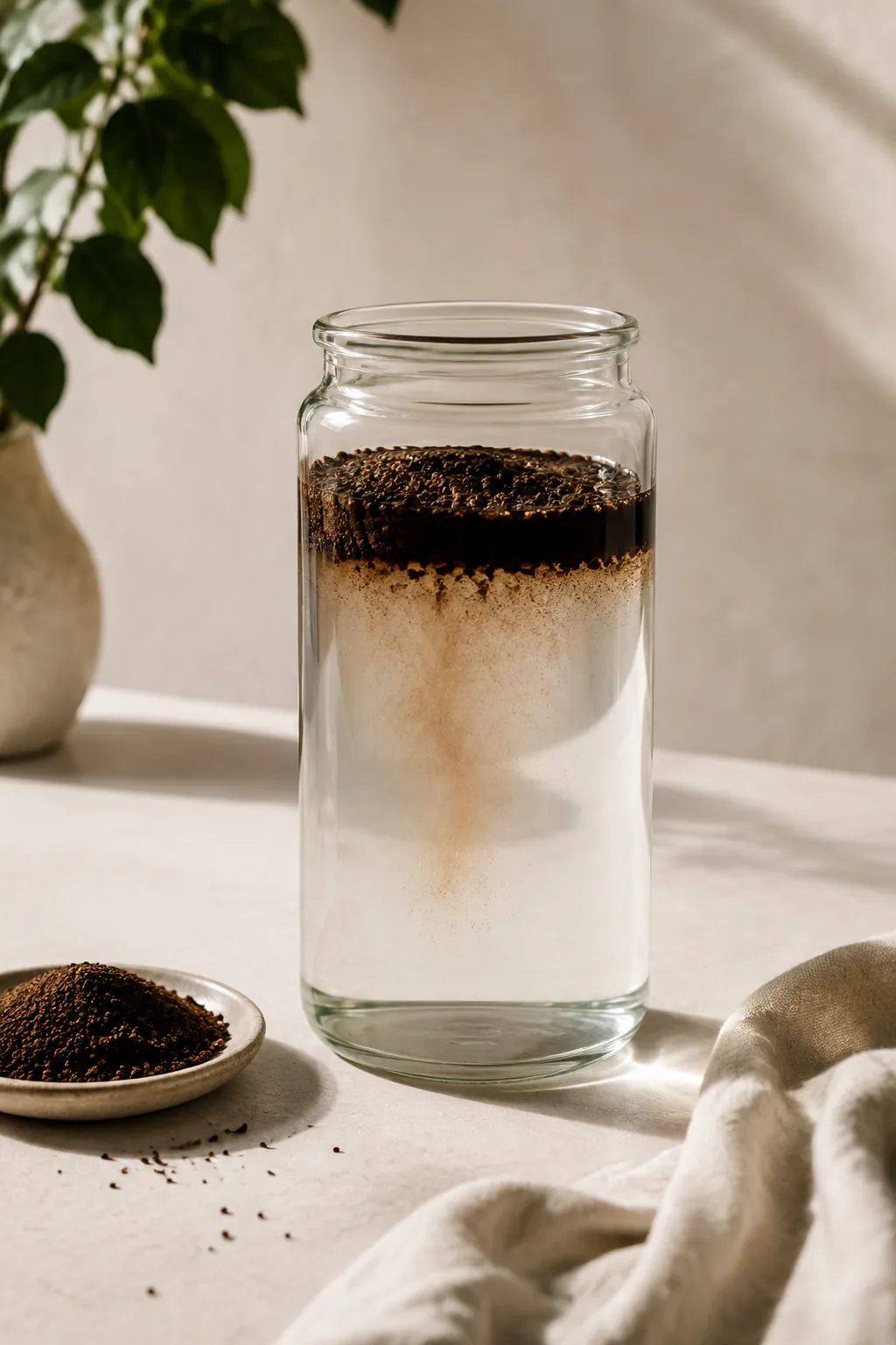 A tall glass jar of cold water with coarse coffee grounds just added, the grounds floating on top and a thin brown haze sinking through the clear water