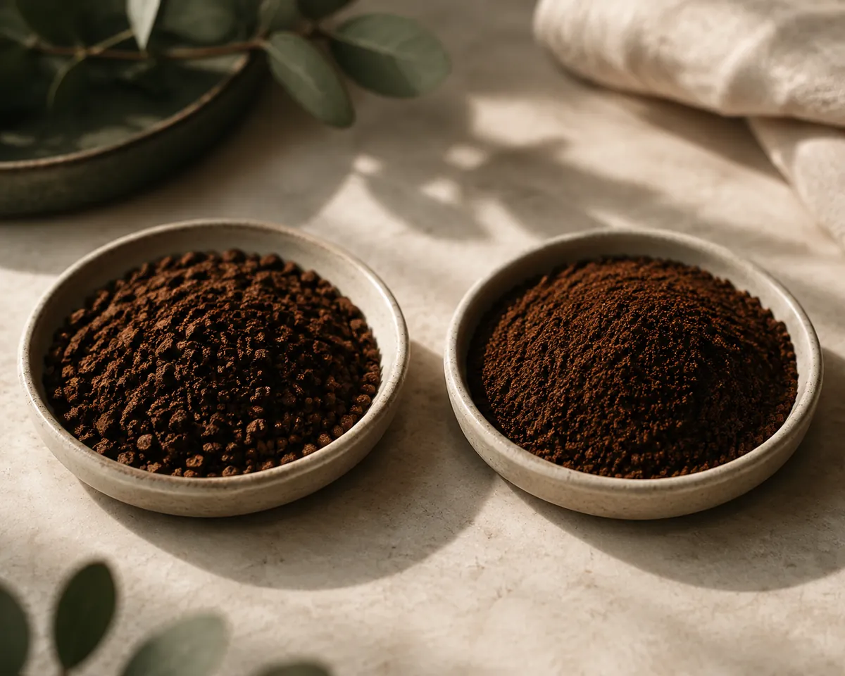 A dish of very coarse grounds beside a dish of medium grounds, the difference in particle size obvious