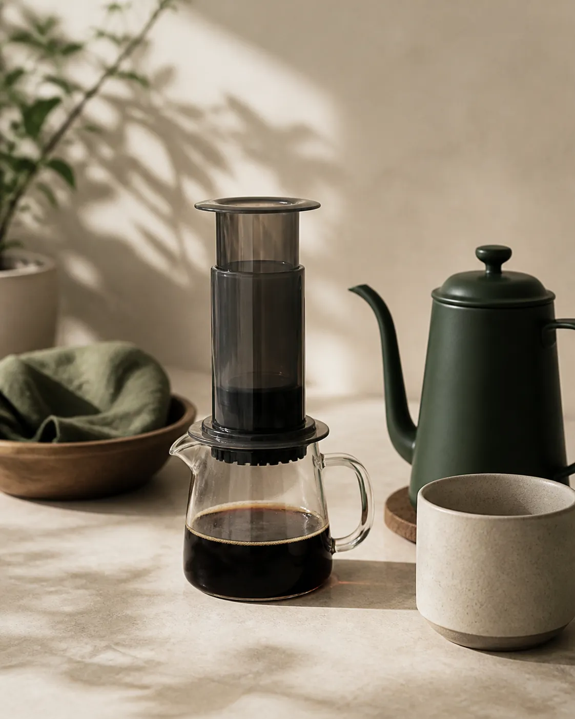 An AeroPress standing over a small jug of concentrated coffee beside a kettle and a larger empty cup
