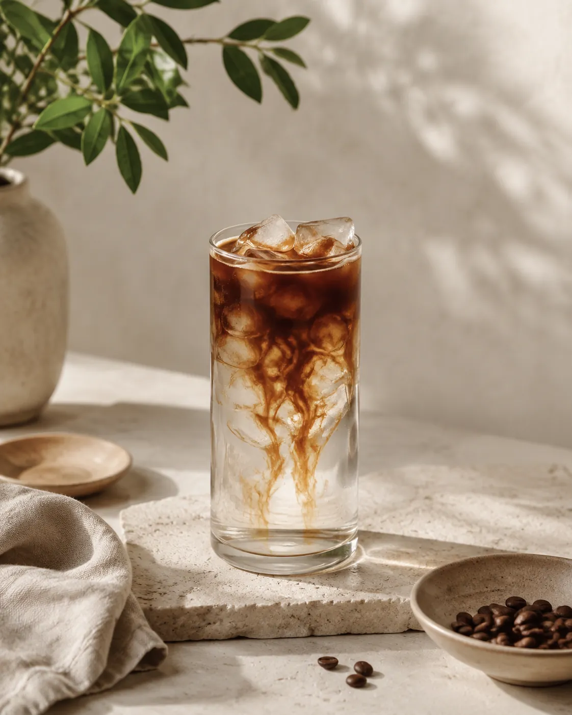A tall glass of iced americano, espresso poured over ice and cold water, dark streaks marbling downward