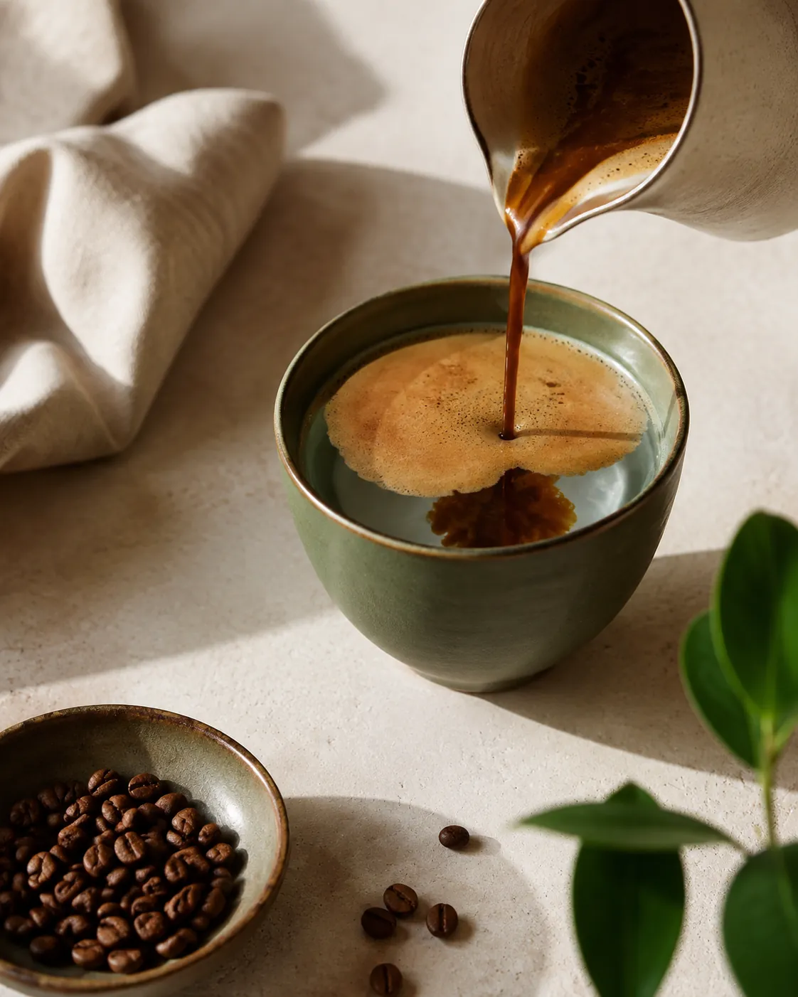 Espresso being poured into a cup of hot water, the dark stream sinking while the crema stays intact on the surface