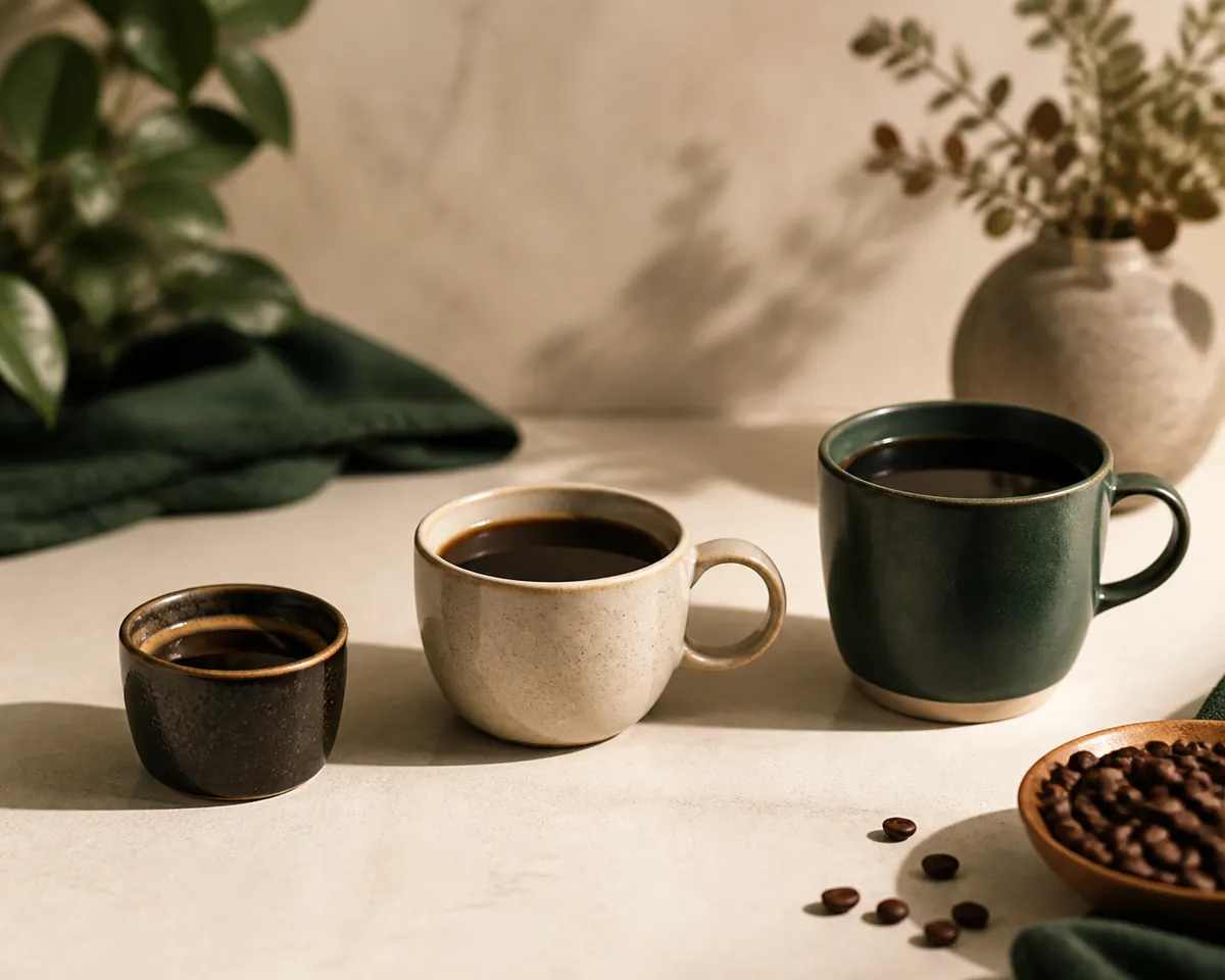 Three black coffees of different volumes in different cups, all made from the same shot