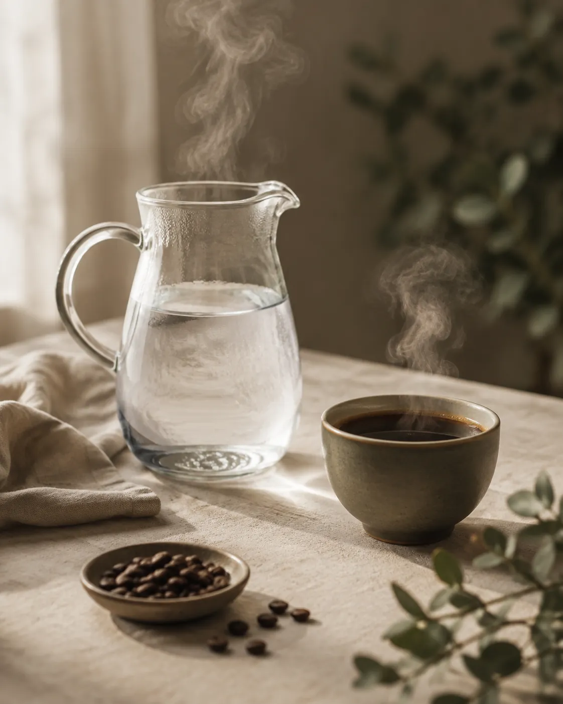 A glass jug of hot water beside a filled cup, steam rising from both