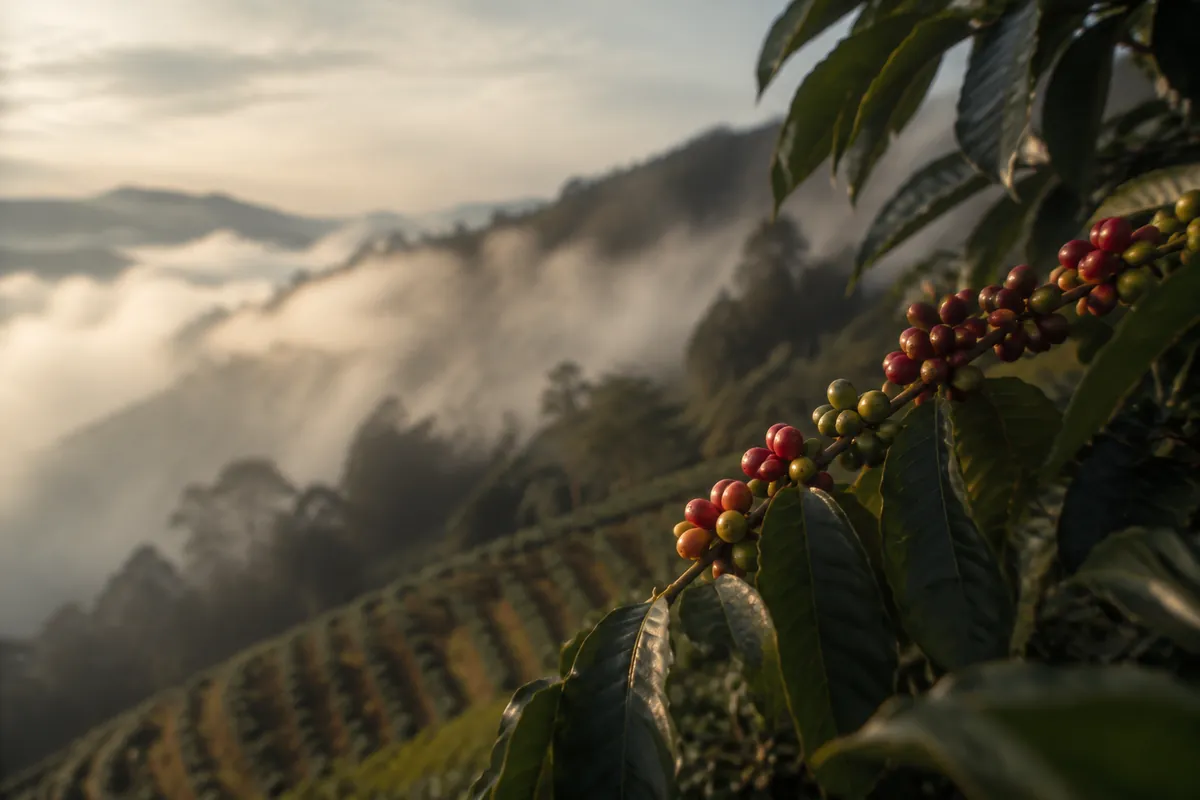Coffee cherries ripening on a branch on a steep misty hillside, terraced rows falling away behind into cloud