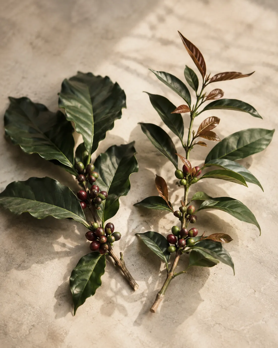 Two coffee branches side by side showing different leaf shape and bronze new growth