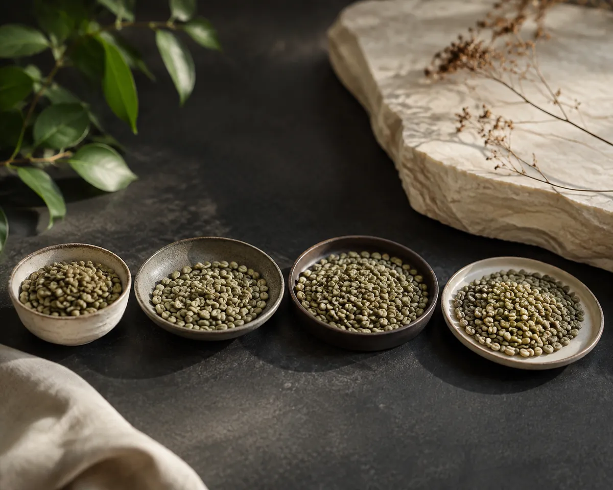 Four small dishes of green coffee beans side by side, differing subtly in size, shape and shade of pale green