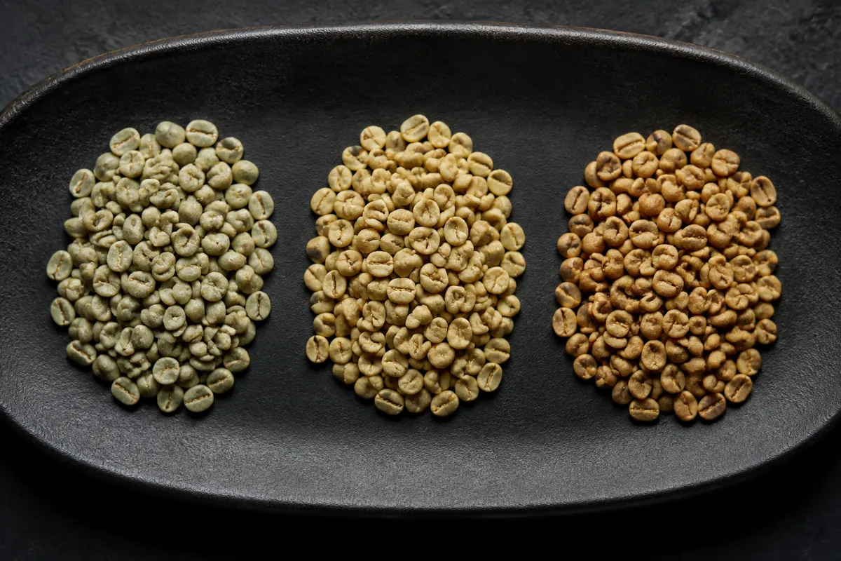 Three heaps of green unroasted coffee beans in a row on a dark dish, subtly different in colour from pale blue-green through yellow-tan to brown-gold
