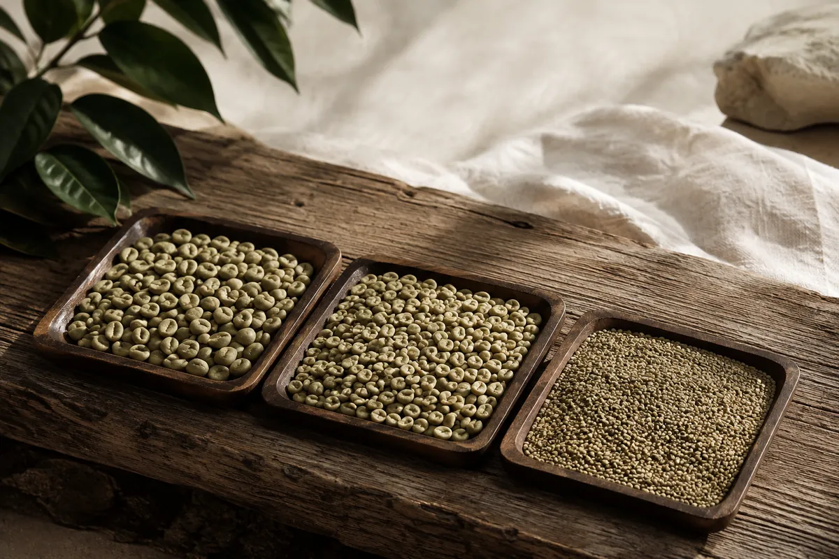 Green coffee beans sorted into three shallow trays by size, largest to smallest, on a weathered wooden bench