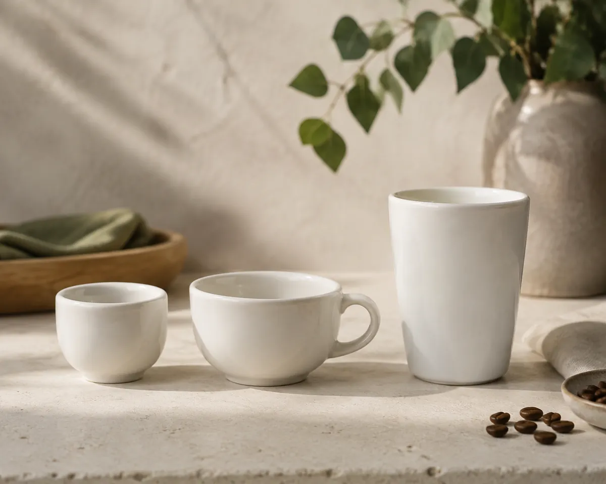 Three empty coffee cups in a row, a small espresso cup, a wide cappuccino cup and a tall latte glass