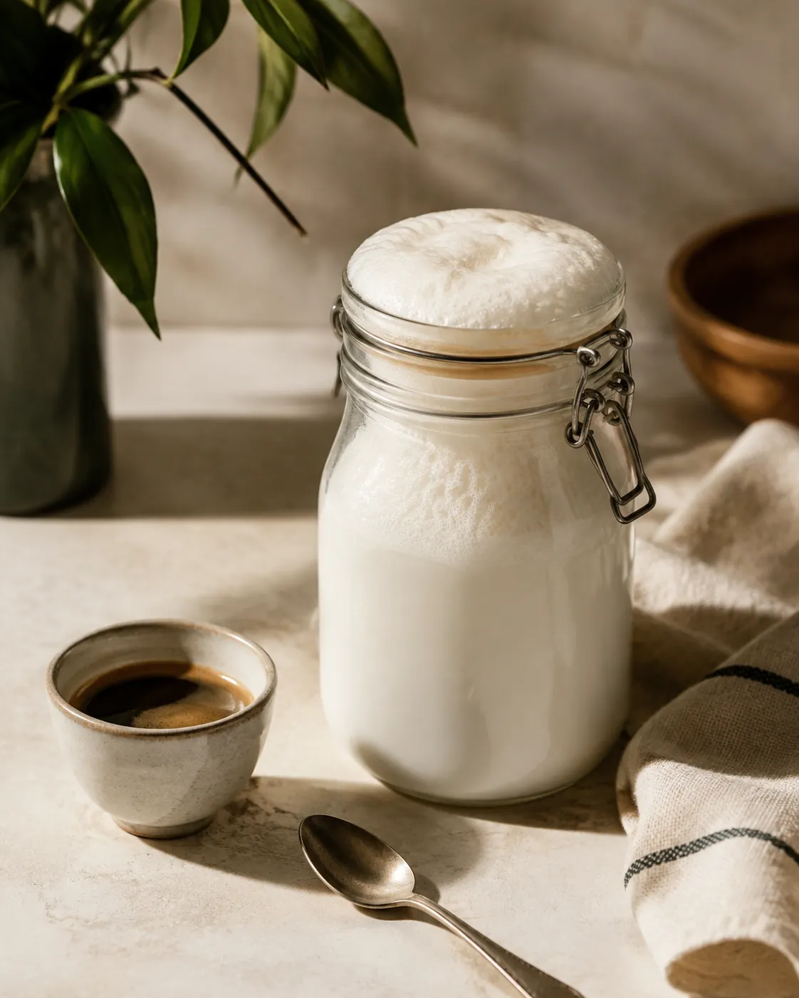 A sealed jar of milk with a thick foam head standing beside a small cup of coffee
