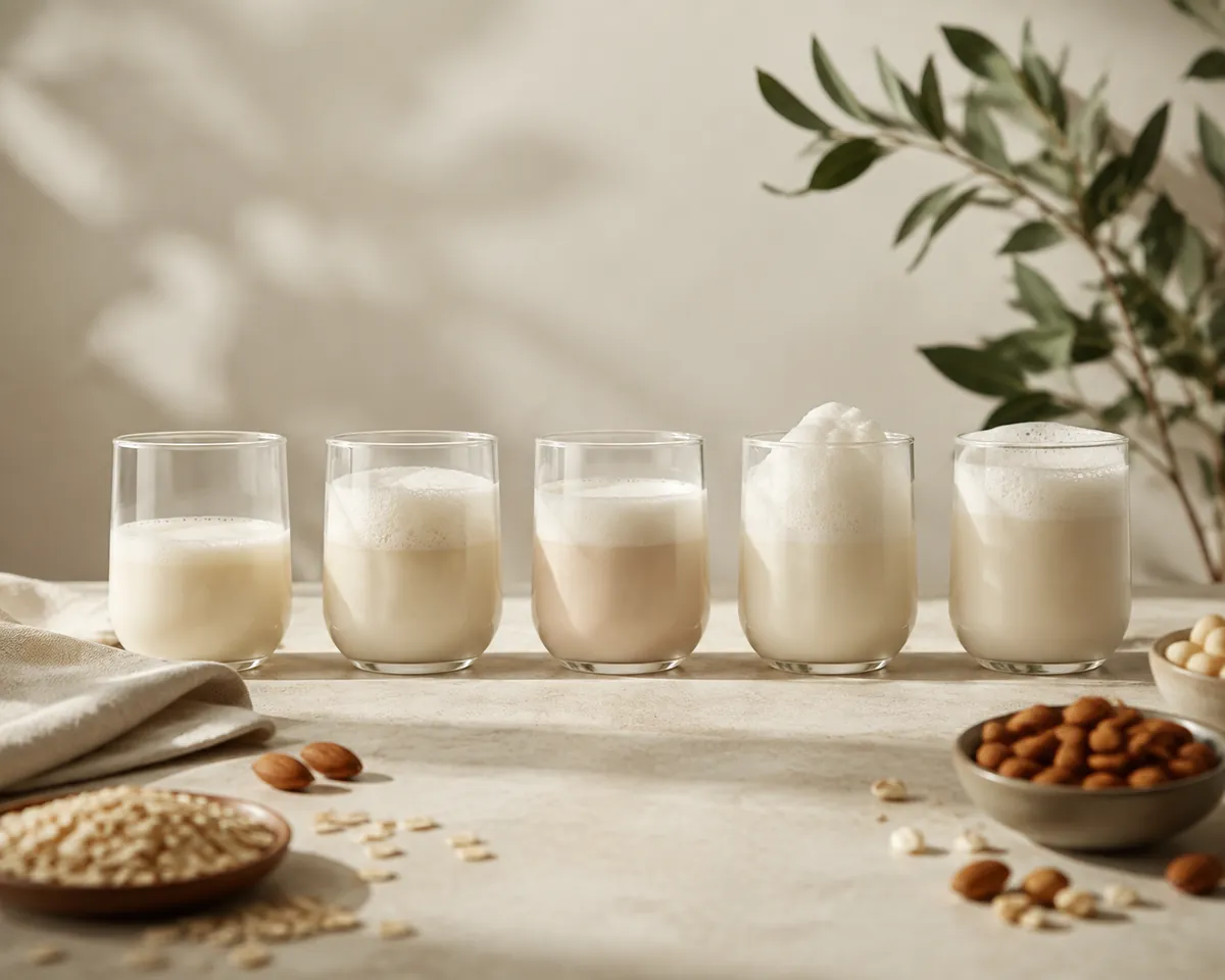 Five small glasses of frothed plant milk in a row, the foam heights visibly different