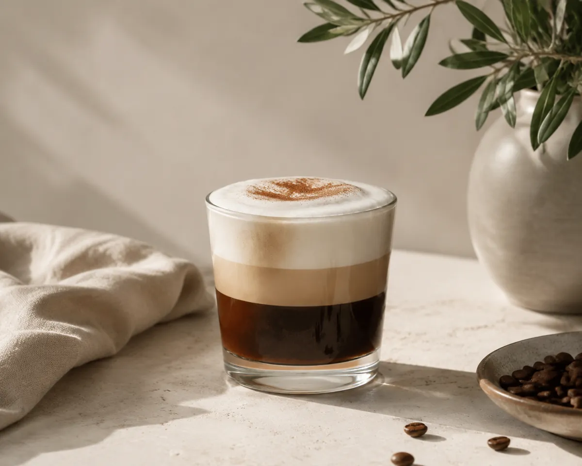 A cappuccino in a clear glass cup seen from the side, showing the dark espresso layer, the milk above it and the foam cap on top
