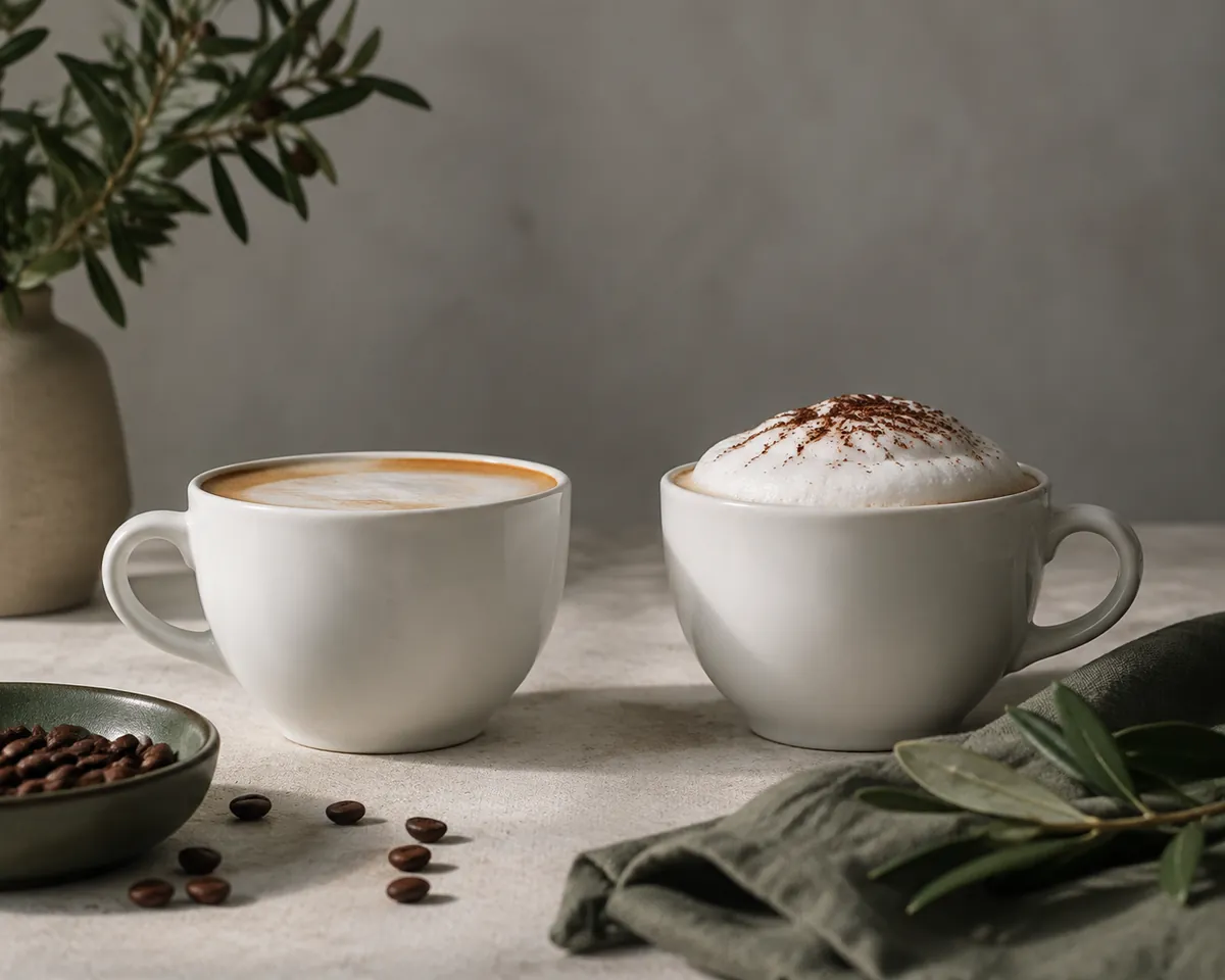 Two cappuccinos side by side, the left smooth and level and the right domed with thick foam