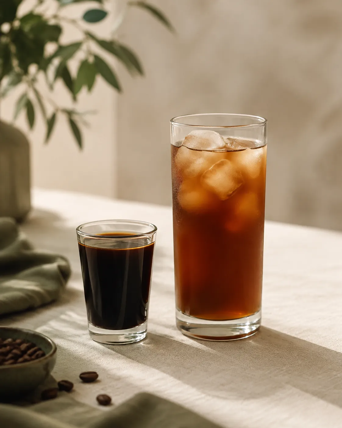 A small glass of very dark concentrate beside a tall glass of the same diluted over ice