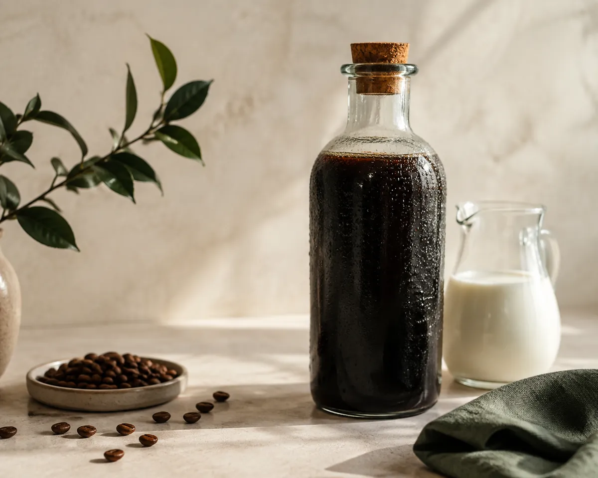 A sealed glass bottle of dark cold brew concentrate standing on a refrigerator shelf