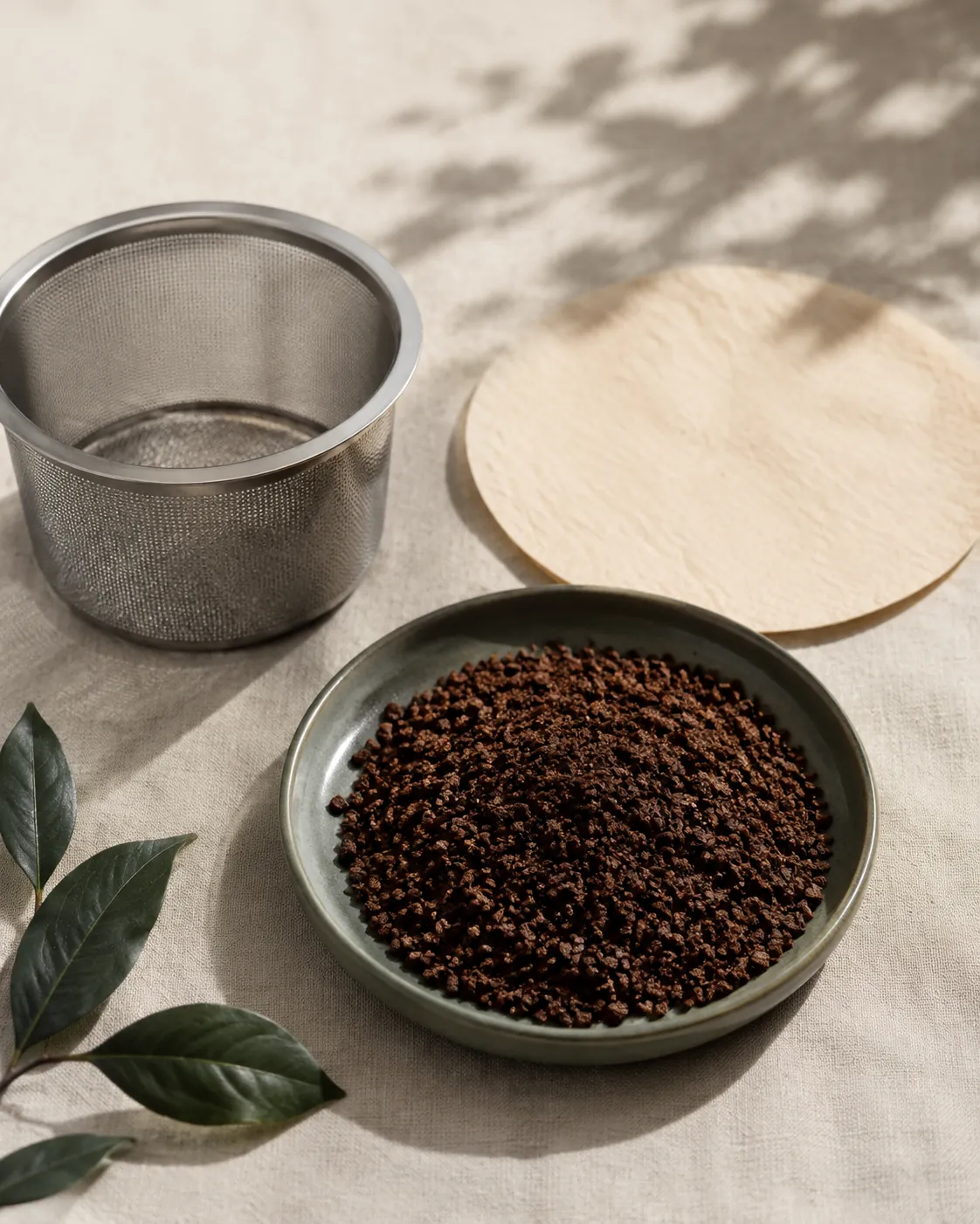 A dish of very coarse coffee grounds beside a paper filter disc and a fine mesh basket