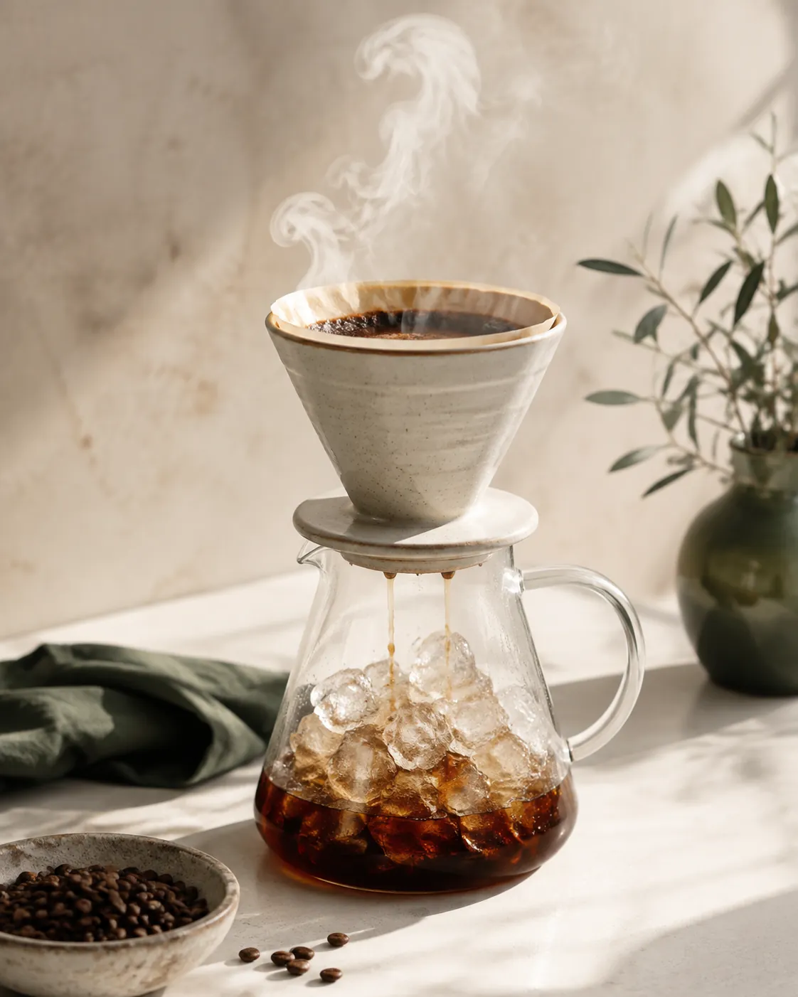Hot coffee dripping from a filter cone into a glass carafe half filled with ice cubes