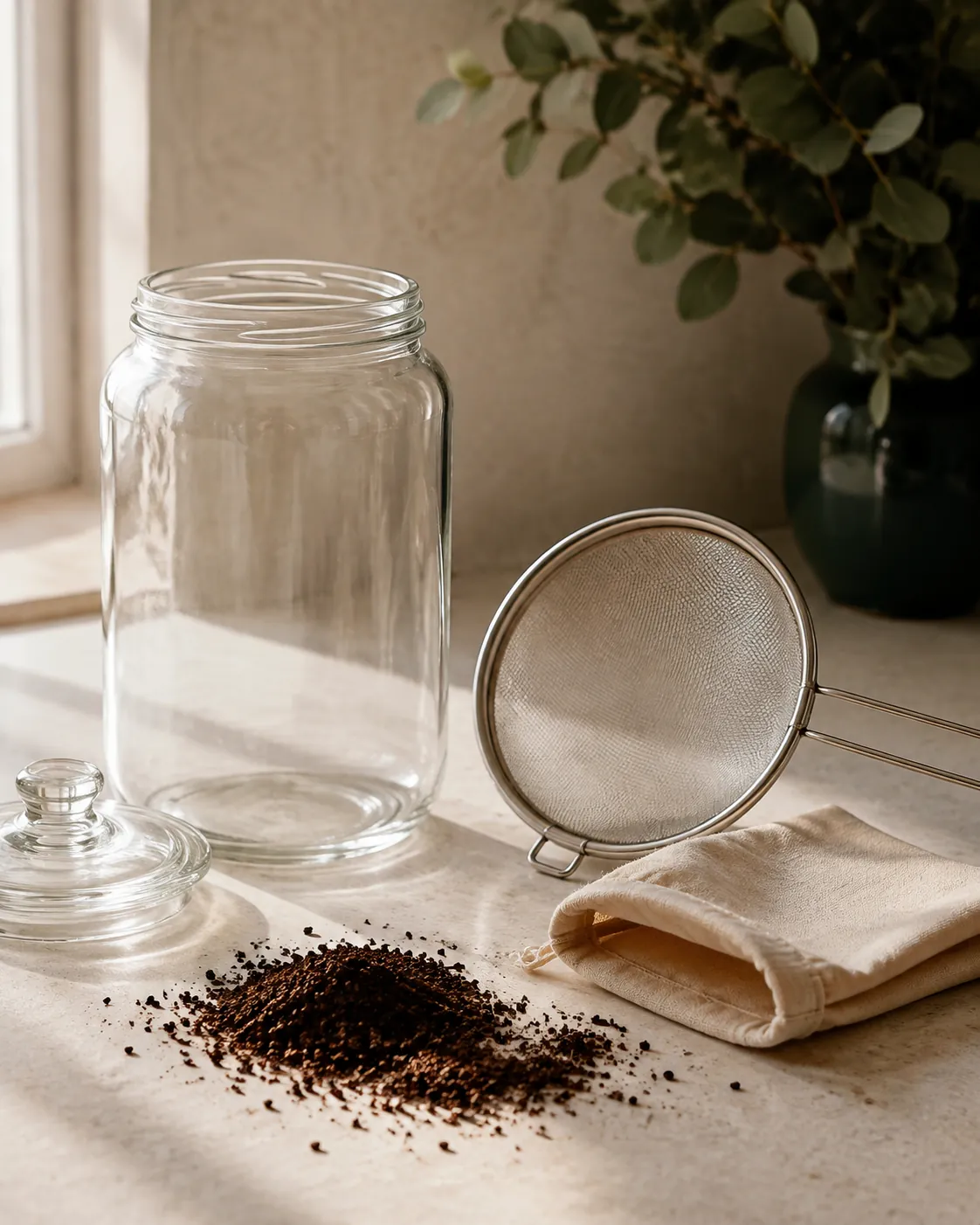 A large empty glass jar beside a fine mesh sieve and a folded cloth filter bag on a counter