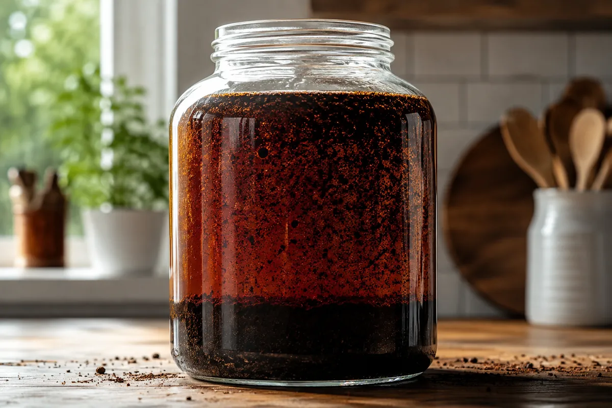 A large glass jar of dark cold brew steeping with coarse coffee grounds suspended and settled at the bottom