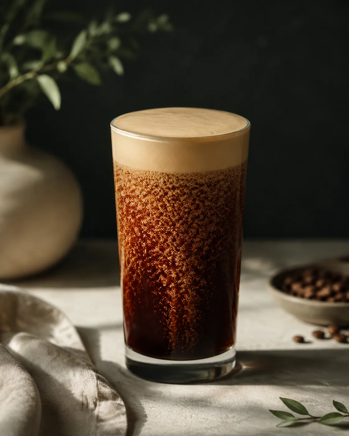 A glass of nitro cold brew with a cascade of fine bubbles surging through it and a dense pale head forming on top