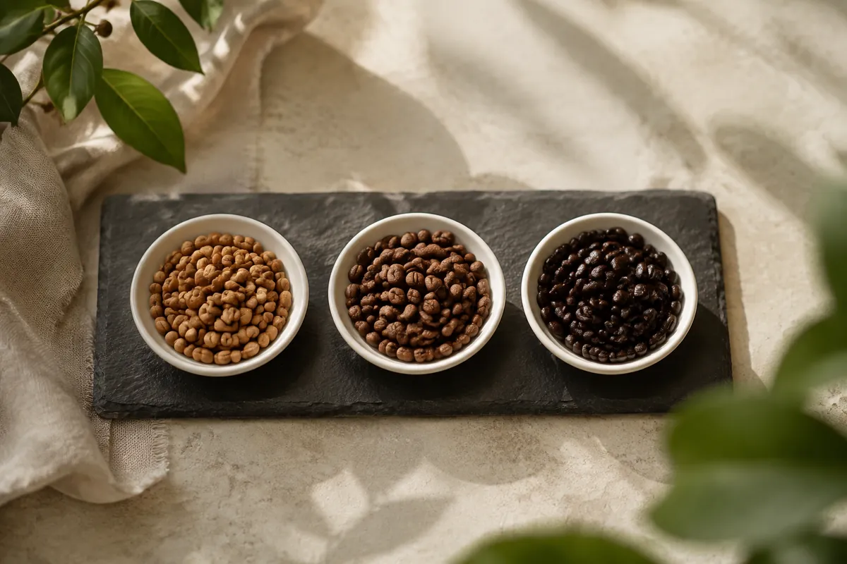 Three small dishes of whole coffee beans, pale cinnamon in the first through mid brown to dark and oily in the third
