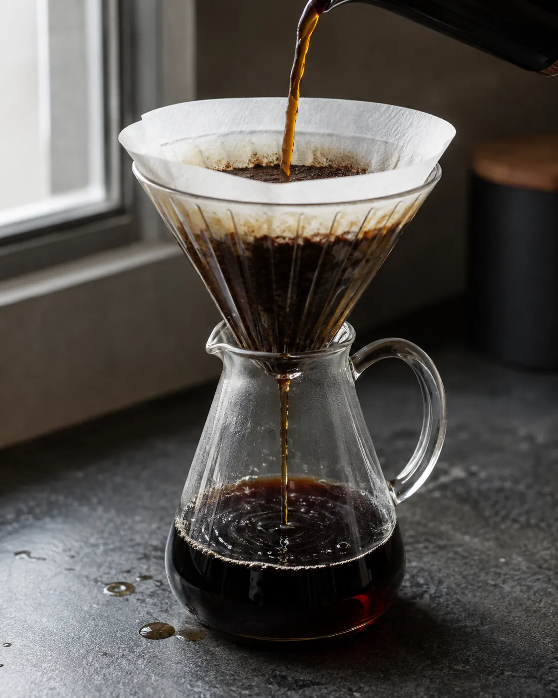 Dark cold brew pouring through a paper filter into a glass carafe below, the liquid running clear with spent grounds in the filter