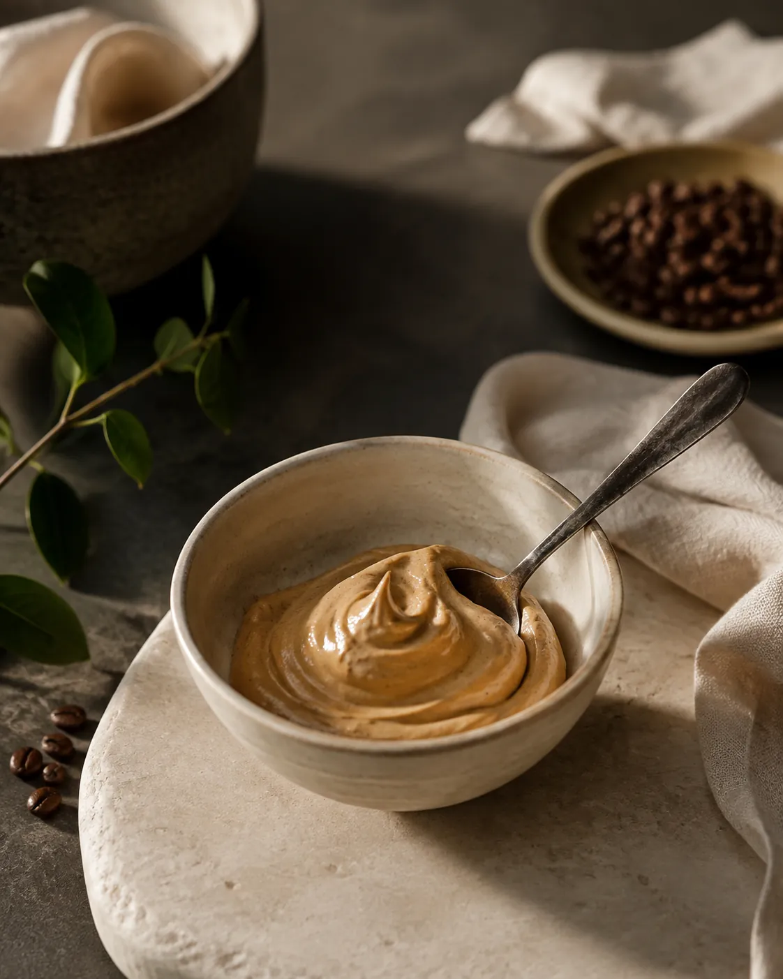A pale whipped sugar and coffee paste in the base of a cup before the rest is brewed
