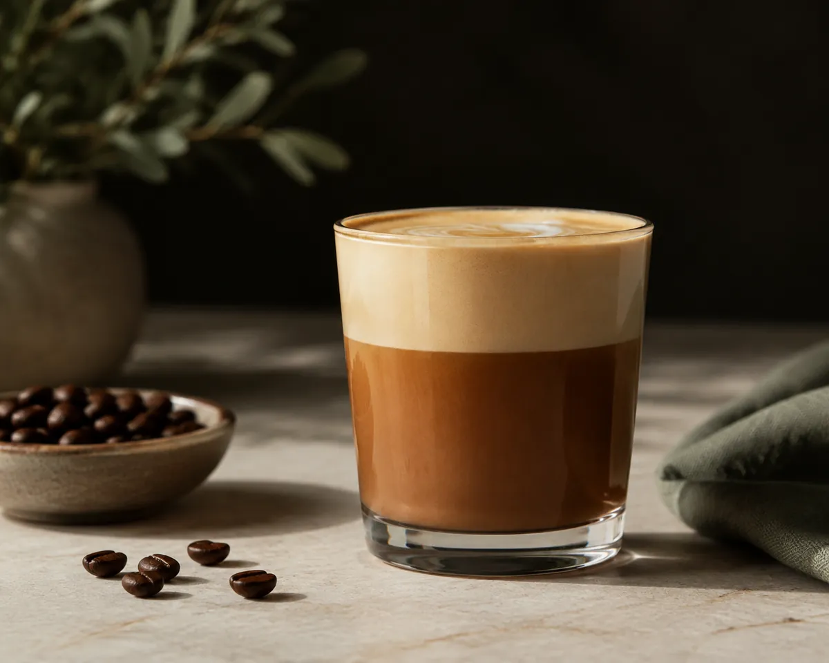 A cortado in a small straight-sided glass on a saucer, the coffee and milk meeting in a soft line