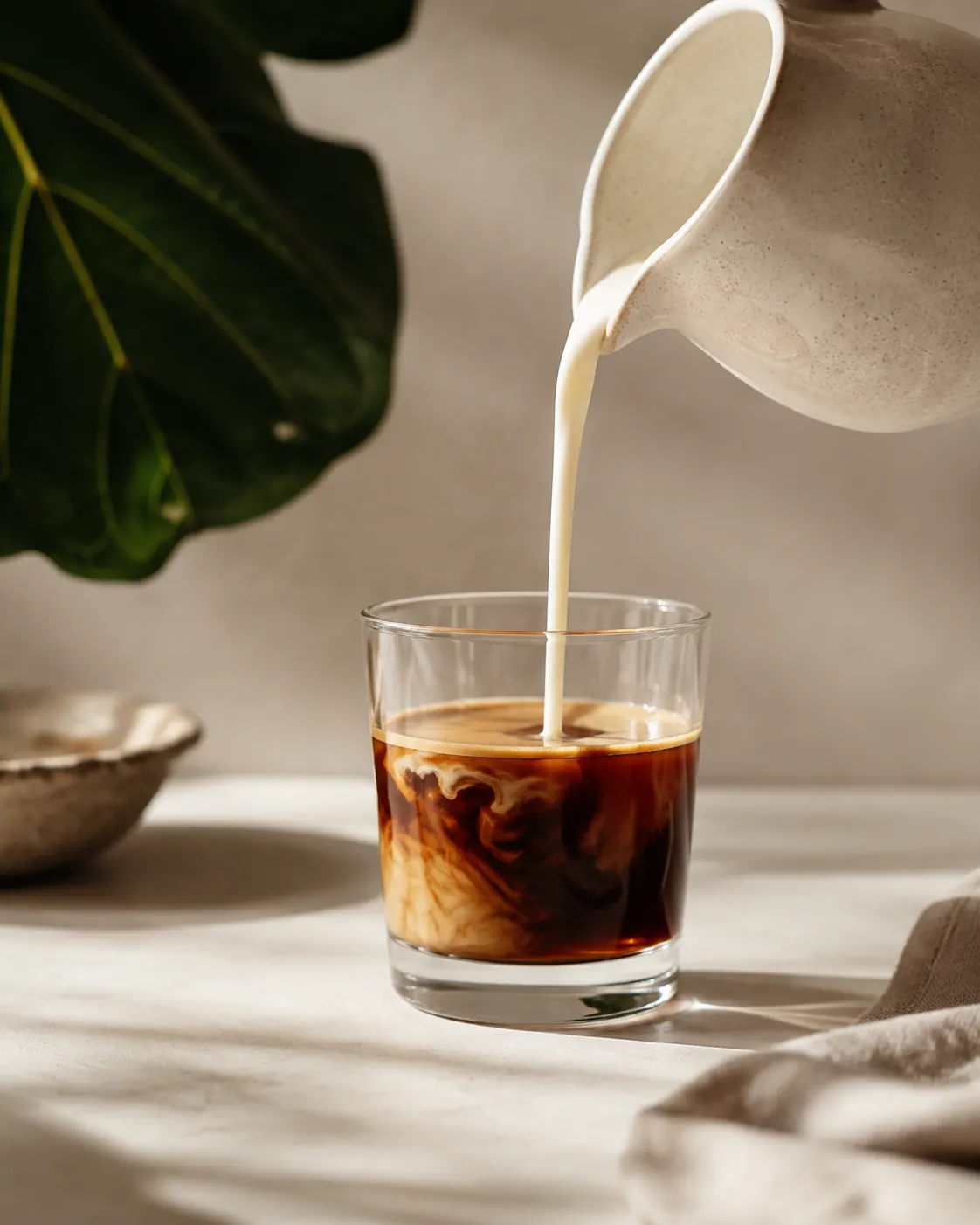 Warm milk being poured in a steady stream into a small glass of espresso
