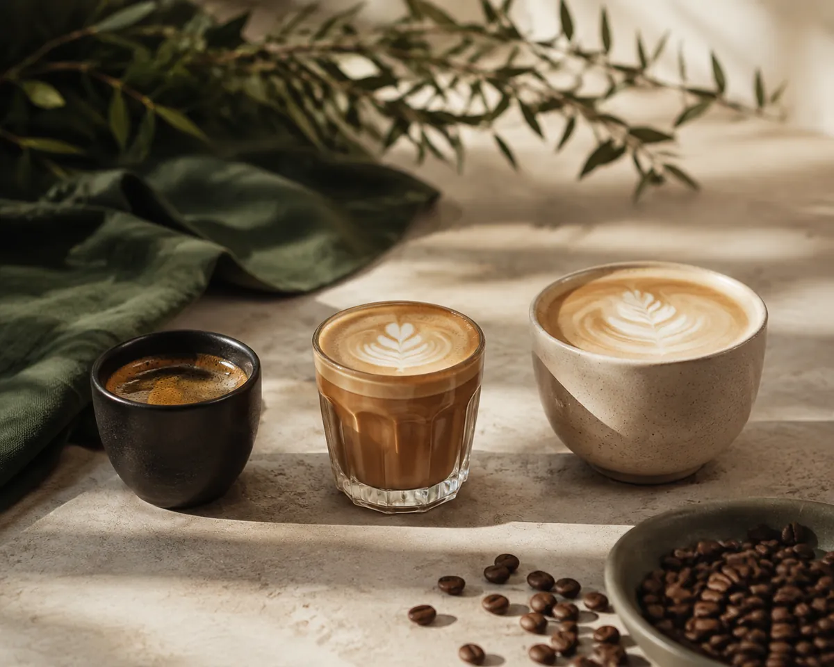 Three Spanish coffees on a bar counter, from a black solo through a cortado to a milky cup