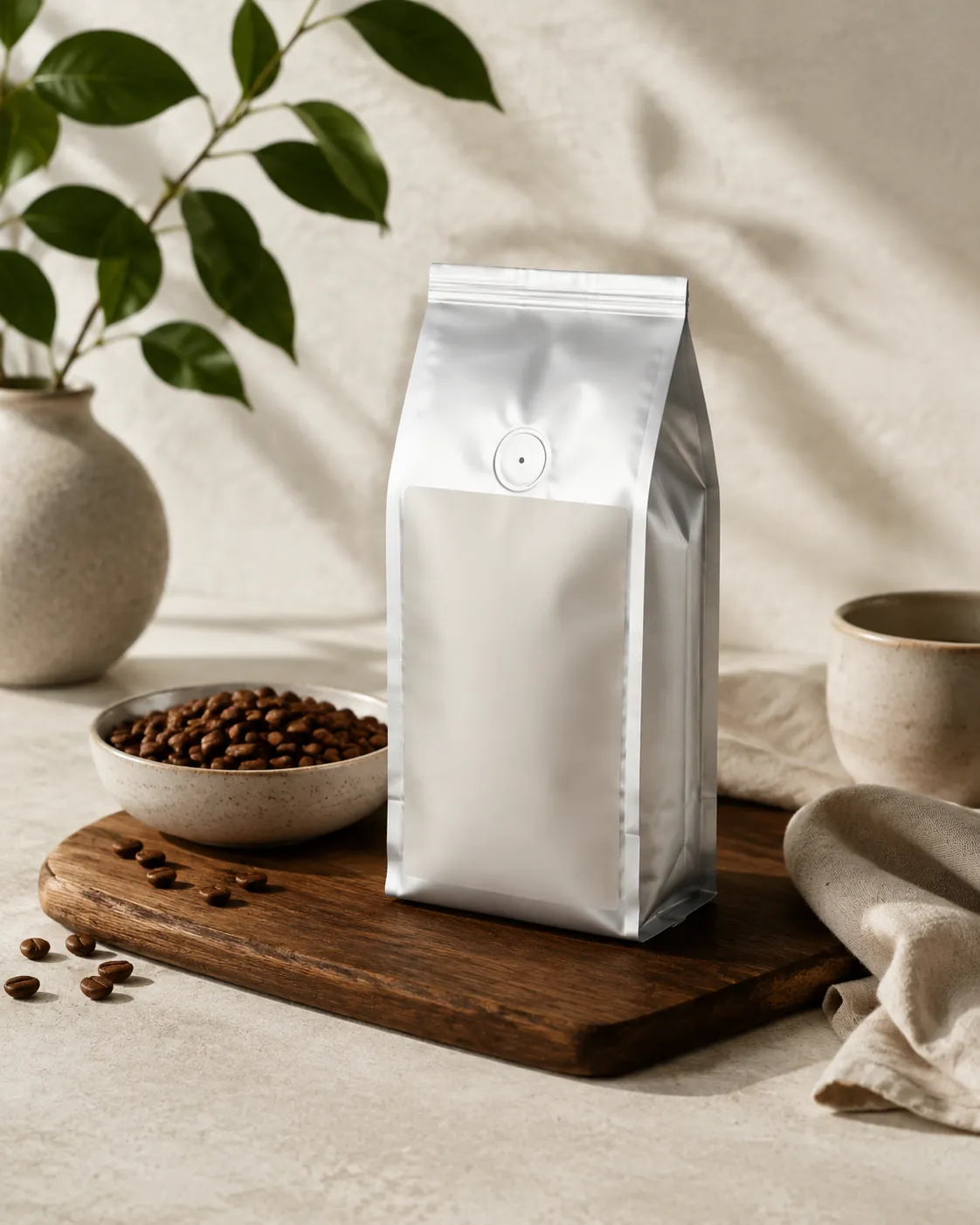 A plain foil coffee bag with a blank label panel and a one-way valve, standing on a wooden board