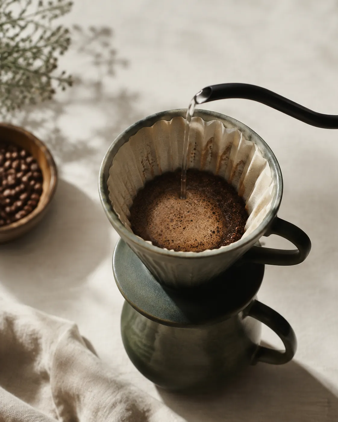 A pour-over cone mid-brew with a shallow bloom that has barely risen, water falling in a thin stream