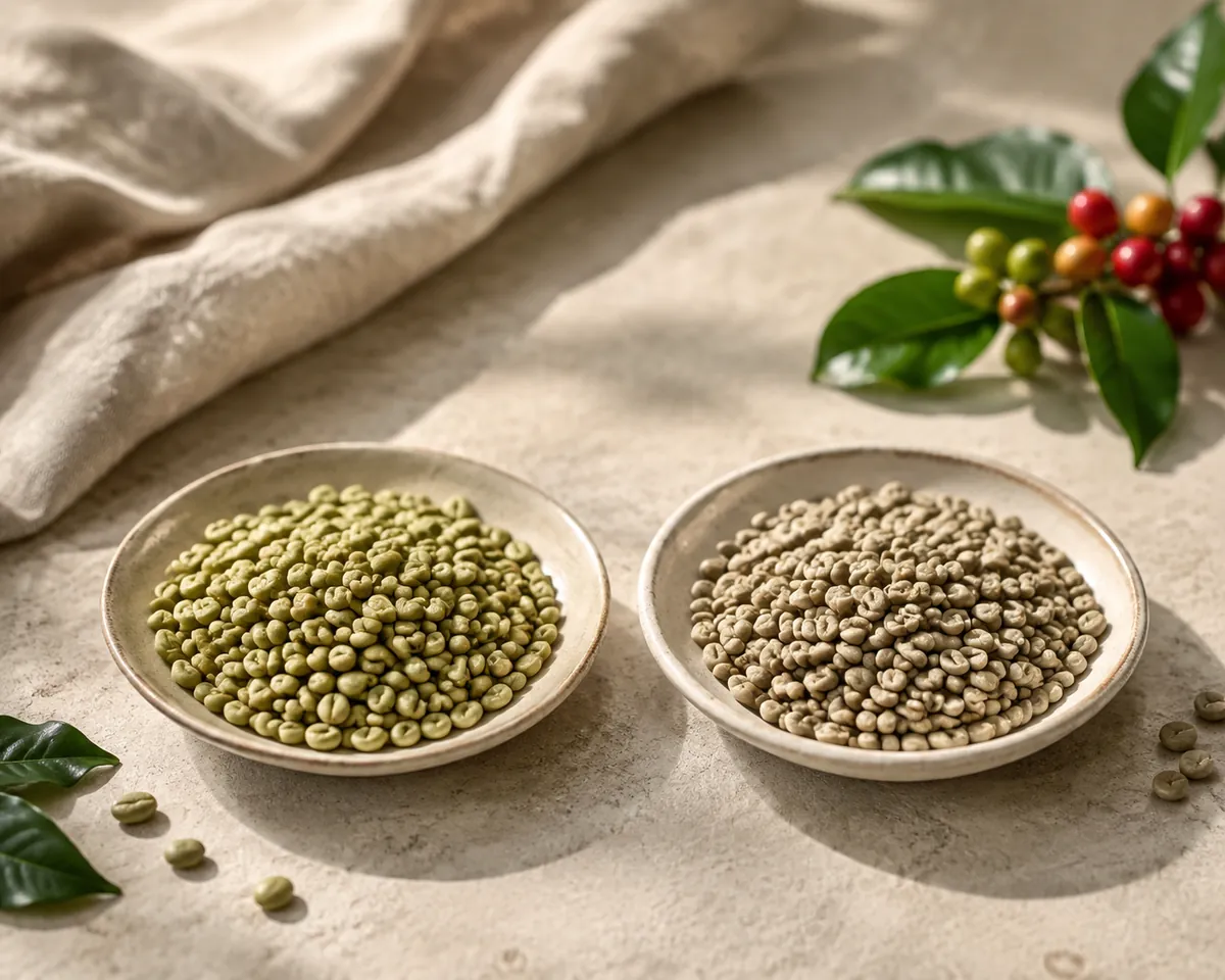 Two dishes of green coffee beans, the right slightly paler and duller after decaffeination