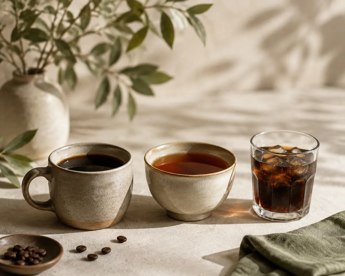 A cup of coffee, a cup of tea and a glass of cola standing together on a pale surface