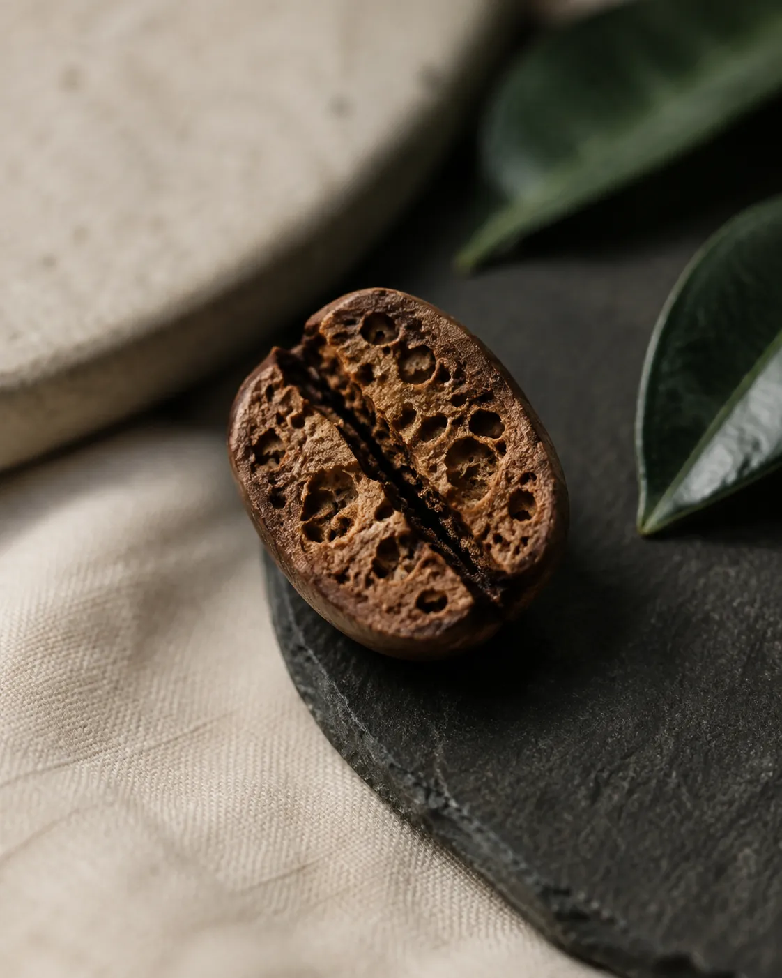 A cracked-open roasted coffee bean shown very close, the interior structure visible
