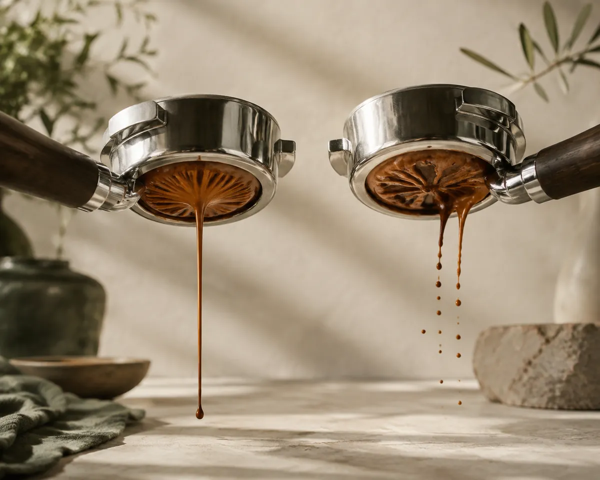 Two bottomless portafilters side by side, the left flowing evenly and the right spraying to one side