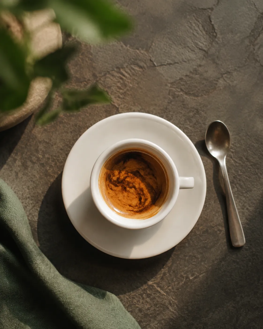 A small cup of espresso seen from directly above, thick hazel crema mottled with darker streaks across the surface