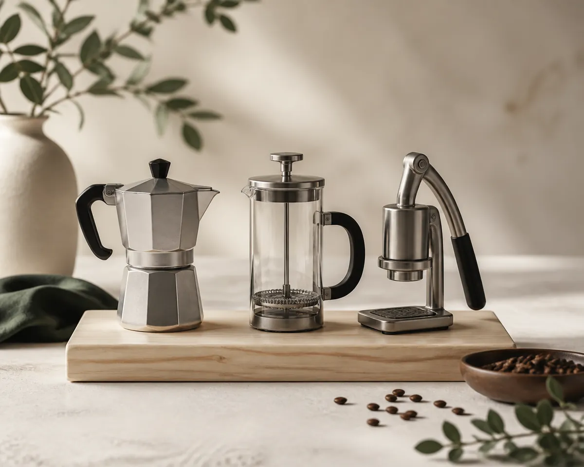 A stovetop moka pot, a manual plunger brewer and a small hand lever press standing in a row on a wooden board