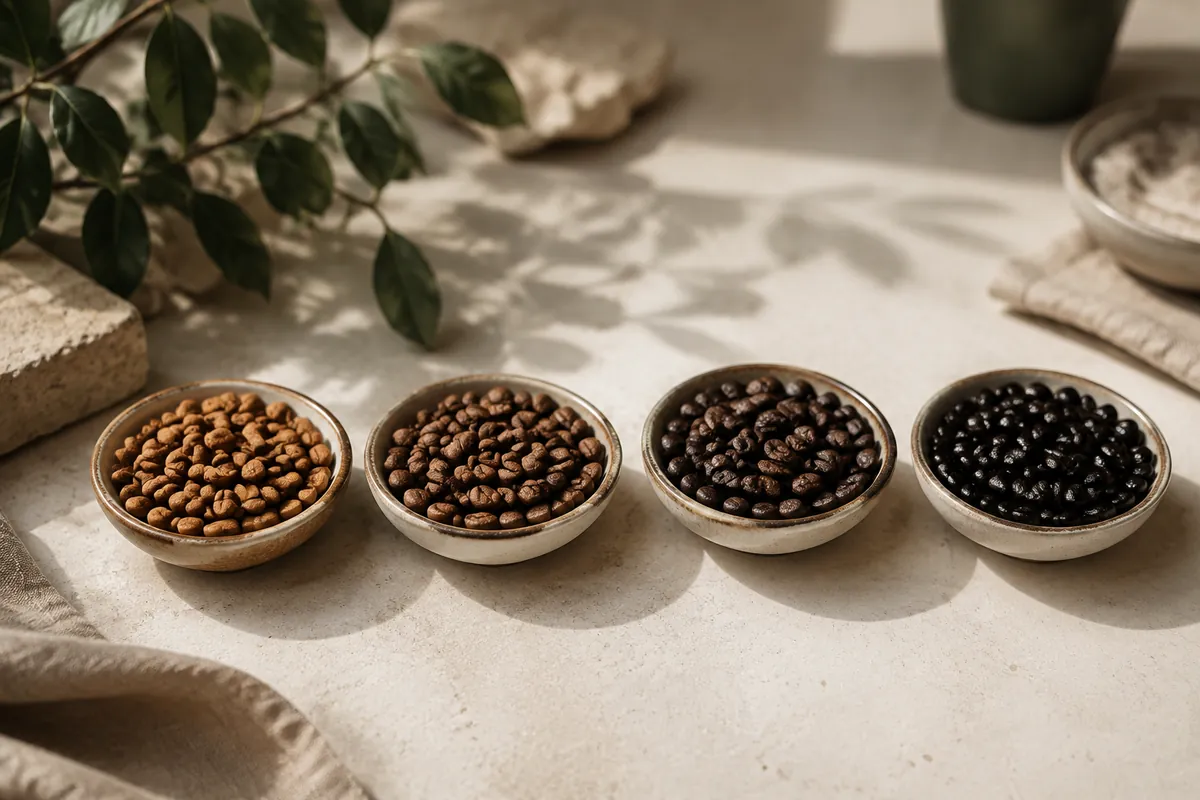 Four dishes of roasted beans from pale cinnamon through to near black and oily