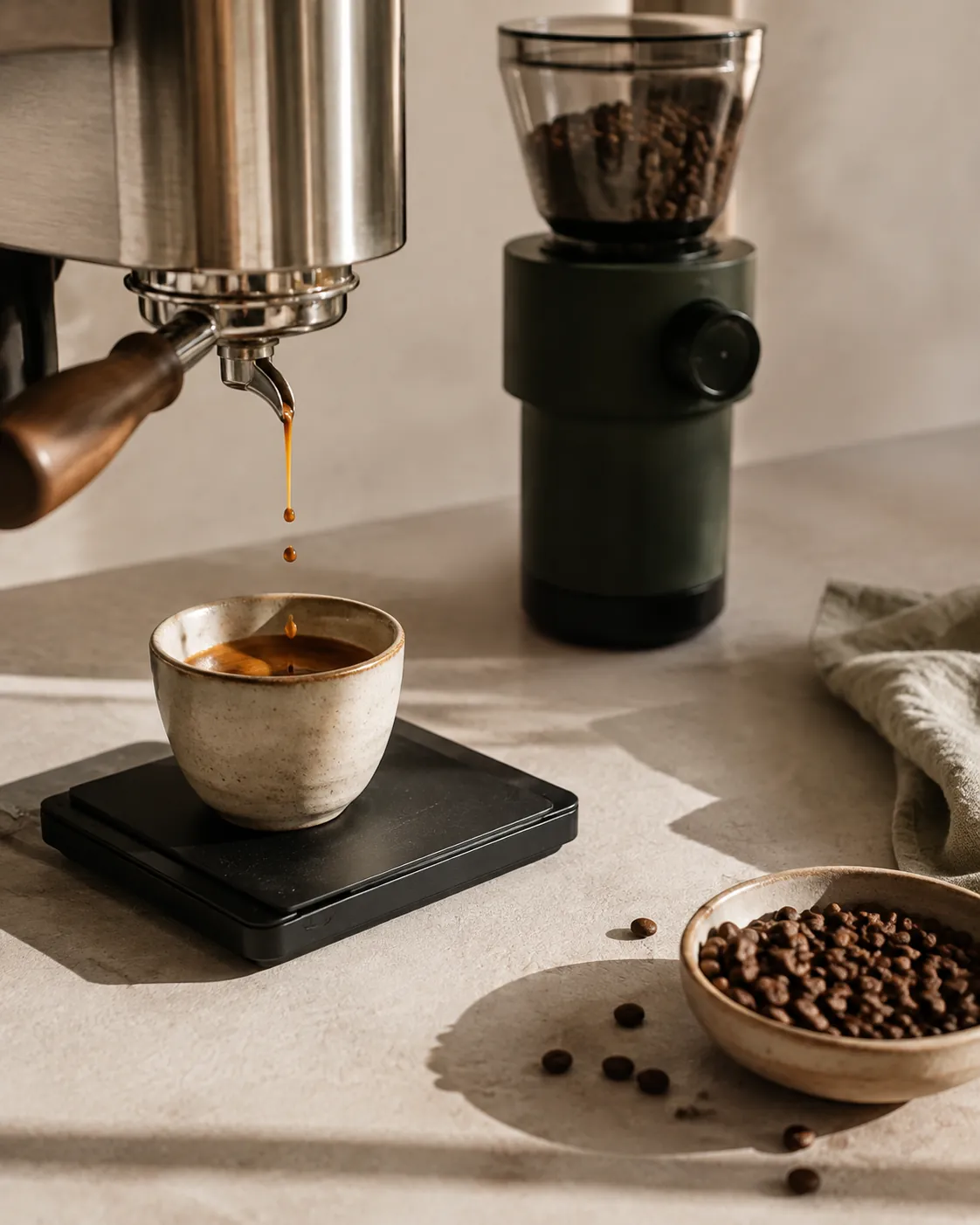 A small scale under a cup catching a shot, a grinder standing behind it