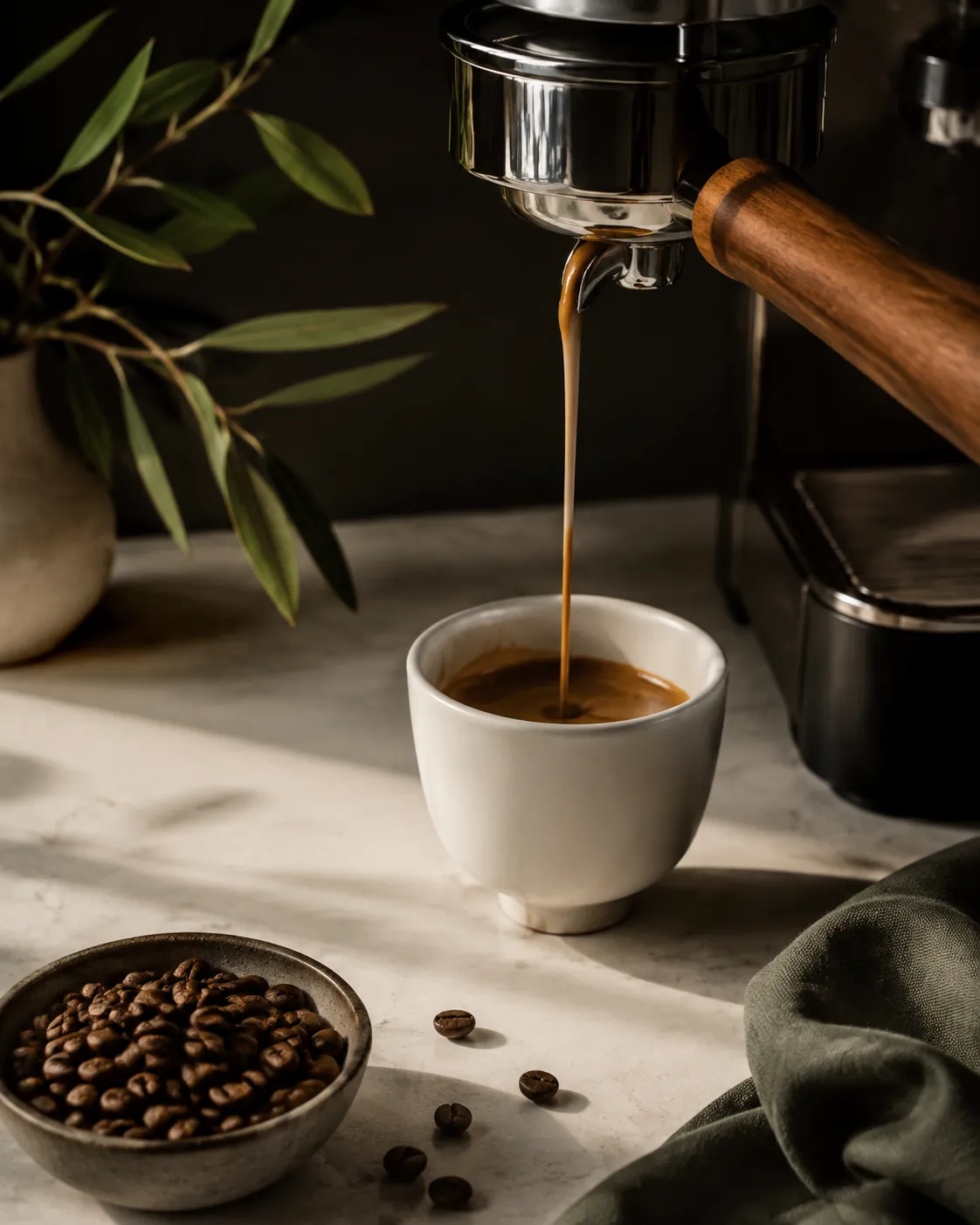 Espresso flowing from a bottomless portafilter into a small cup in a steady hazel stream