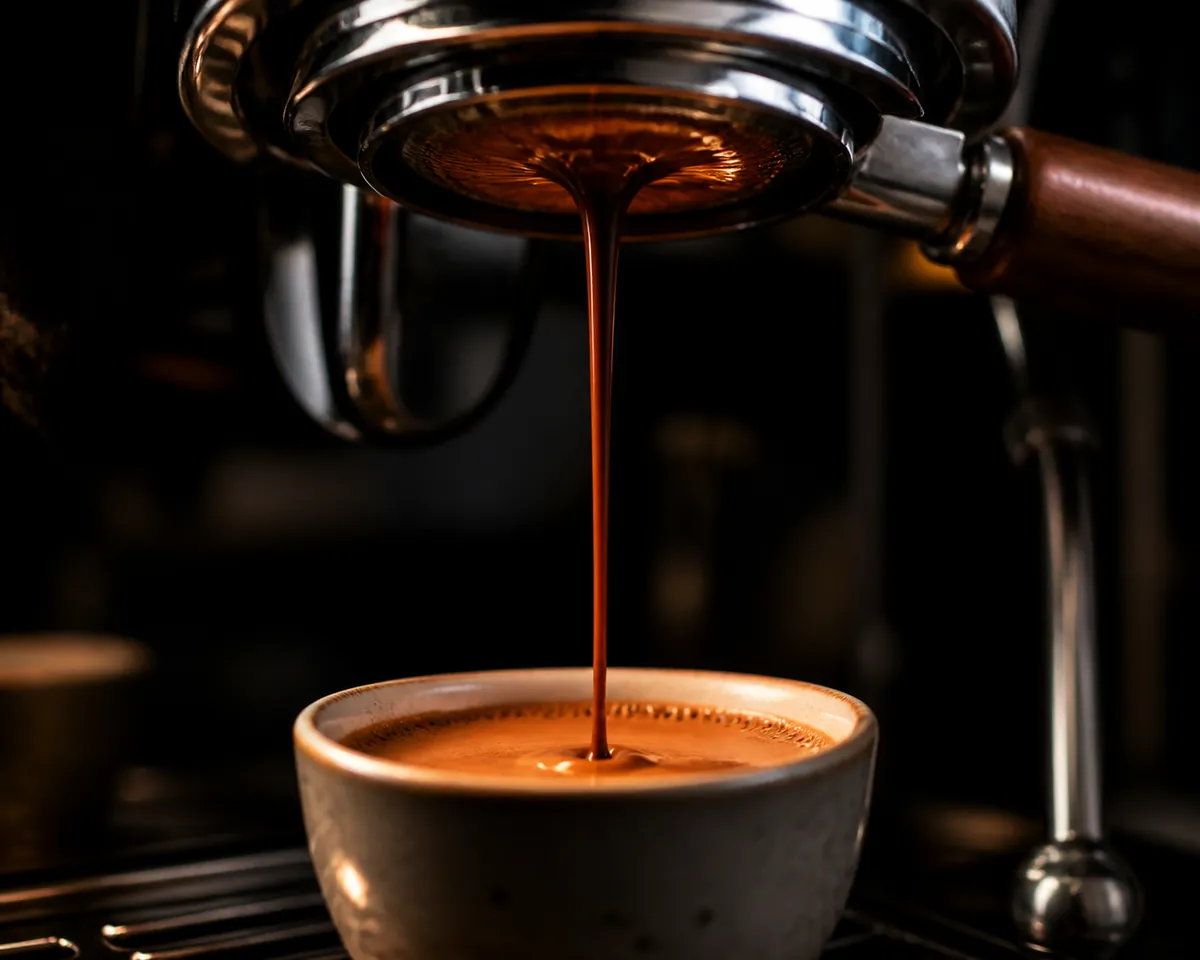 Espresso running from a bottomless portafilter into a small cup in a single dark stream, crema building on the surface