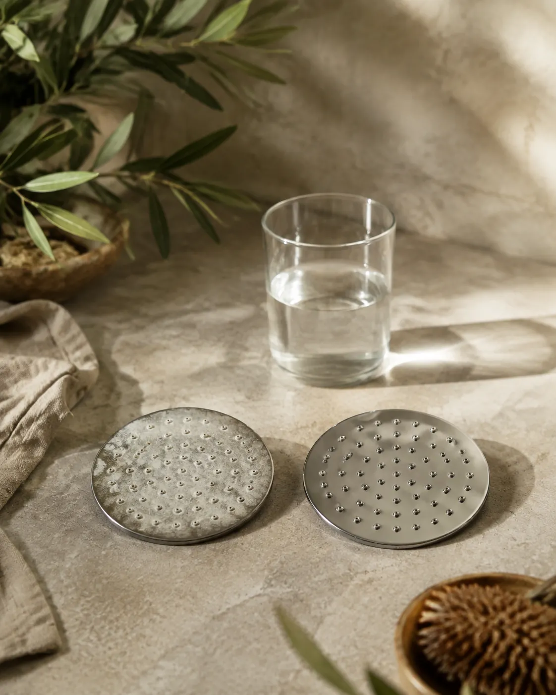 Two metal shower screens side by side, the left furred with chalky white limescale and the right clean and bright, a glass of clear water behind them