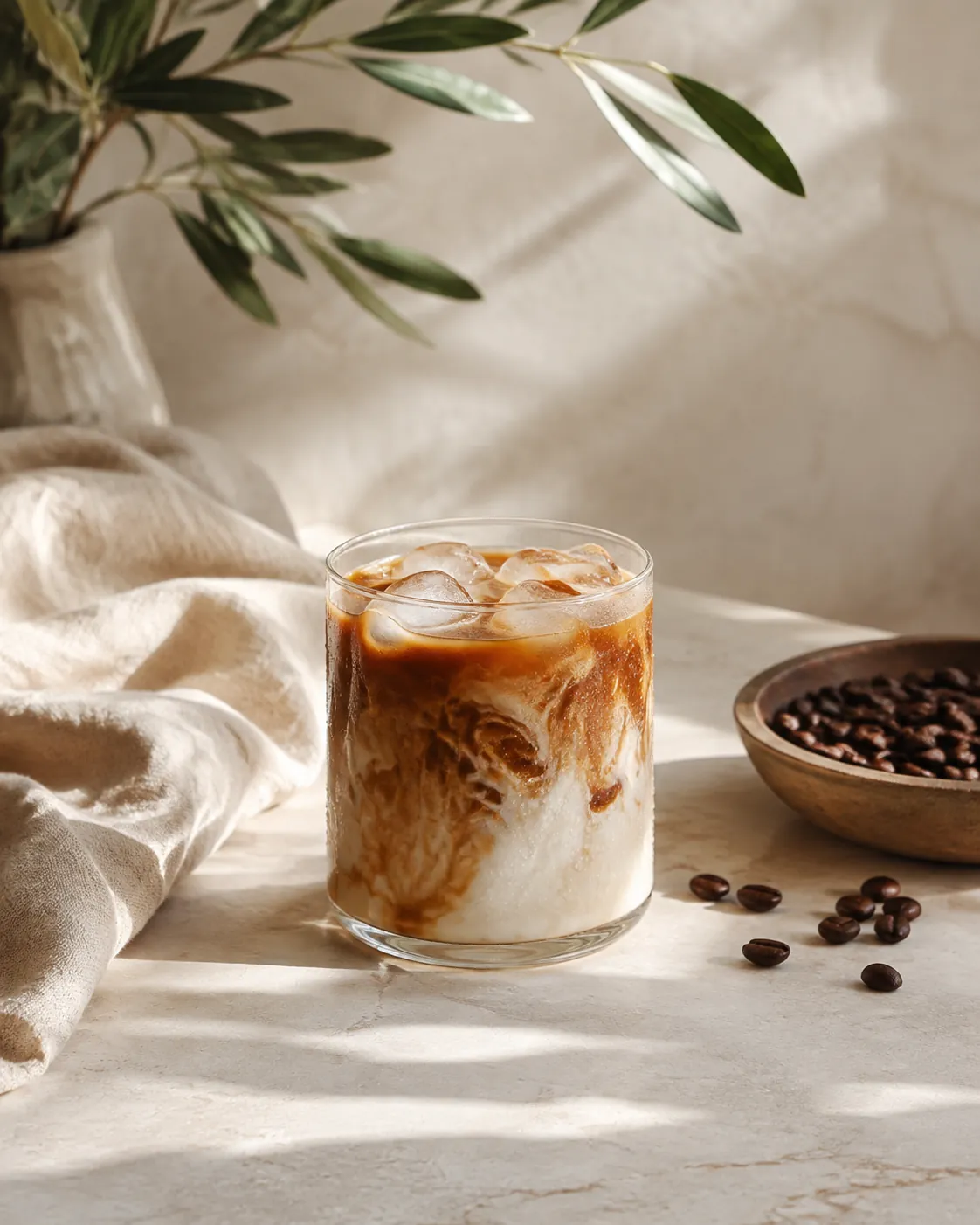 A small glass of iced flat white, the espresso sinking through cold milk over ice