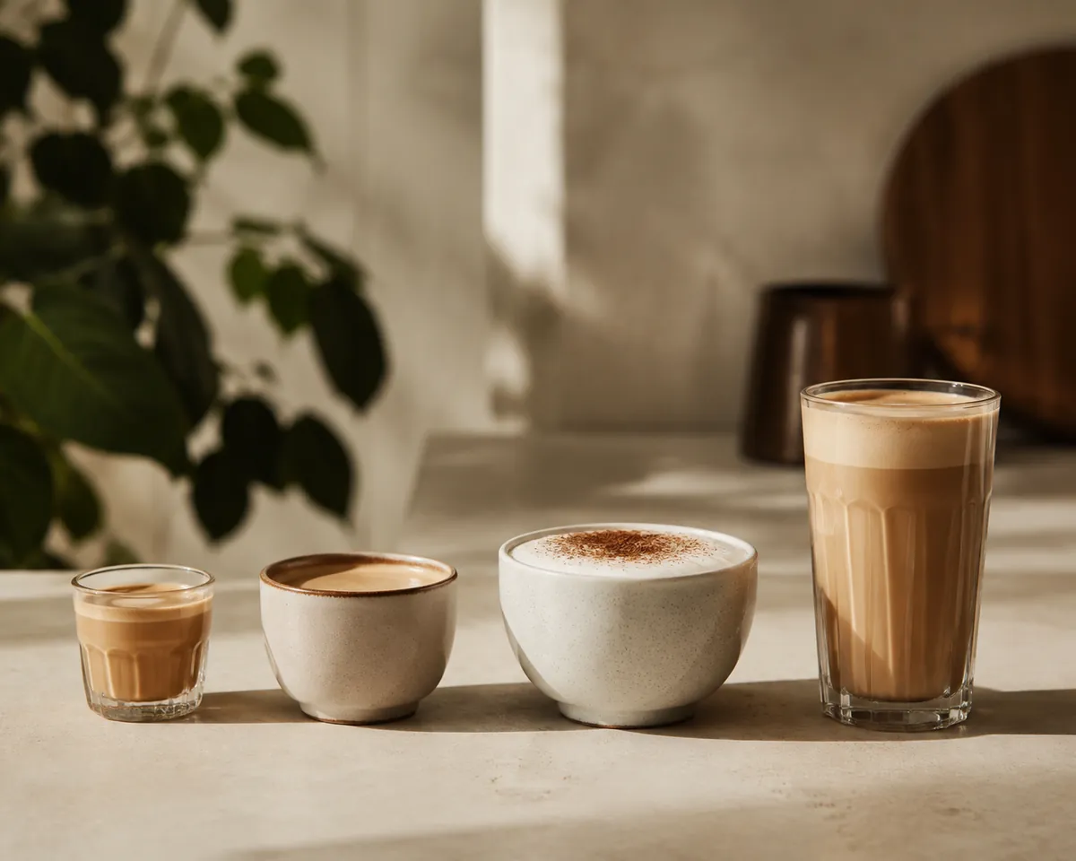 Four milk coffees in a row on a counter, from a small glass cortado through a flat white and a cappuccino to a tall latte