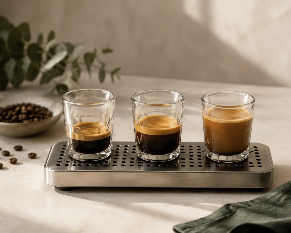 Three espresso shots in identical glasses at different volumes, from short to long