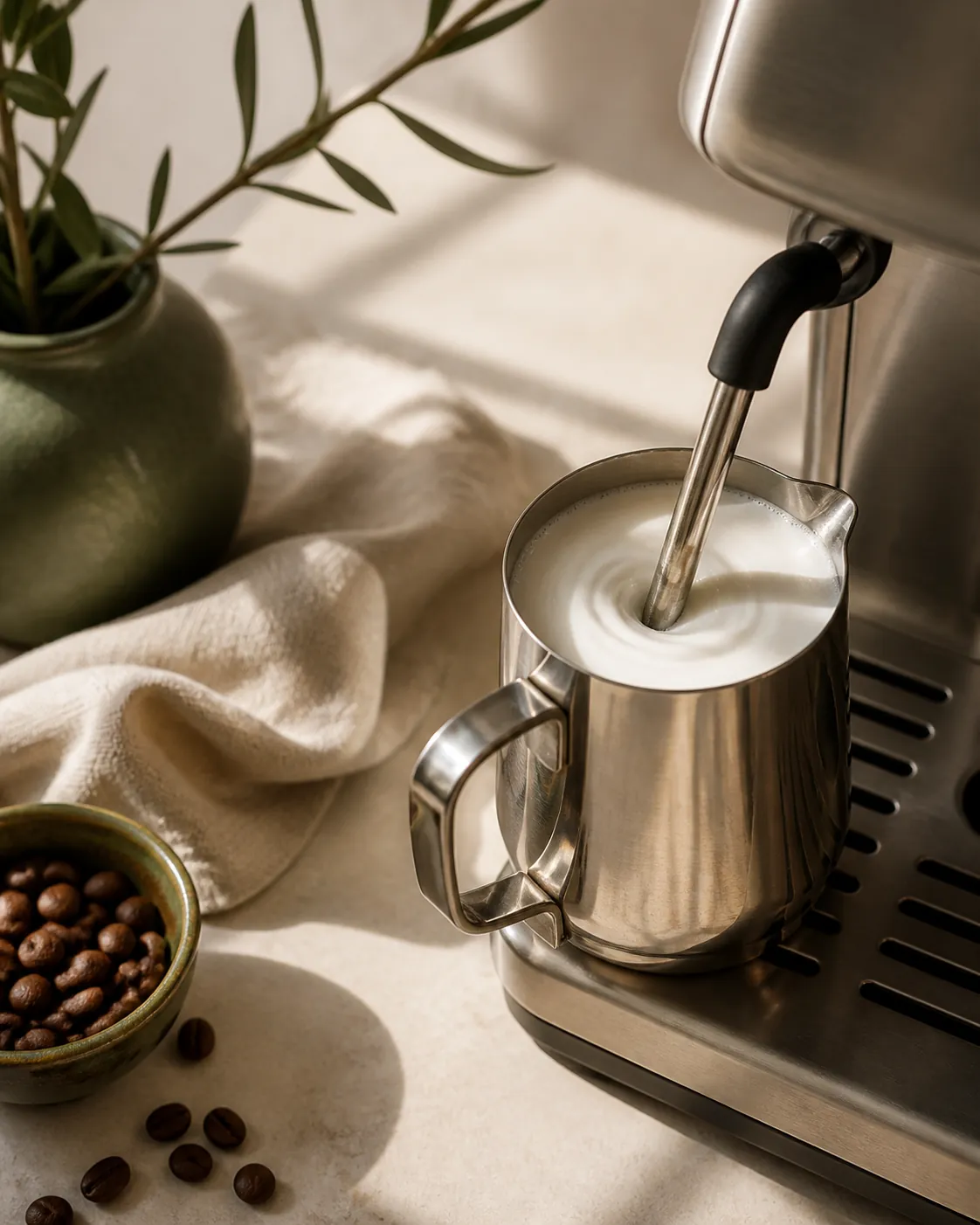 A small steel jug of milk mid-spin under a steam wand, the surface glossy and turning