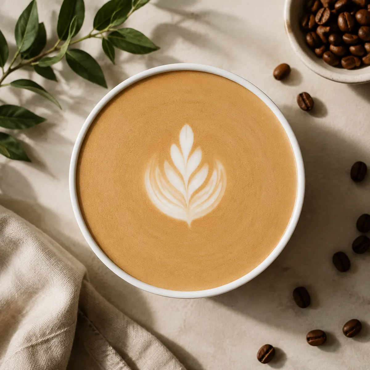 A flat white seen from directly above, the surface glossy and level with a small poured pattern at the centre